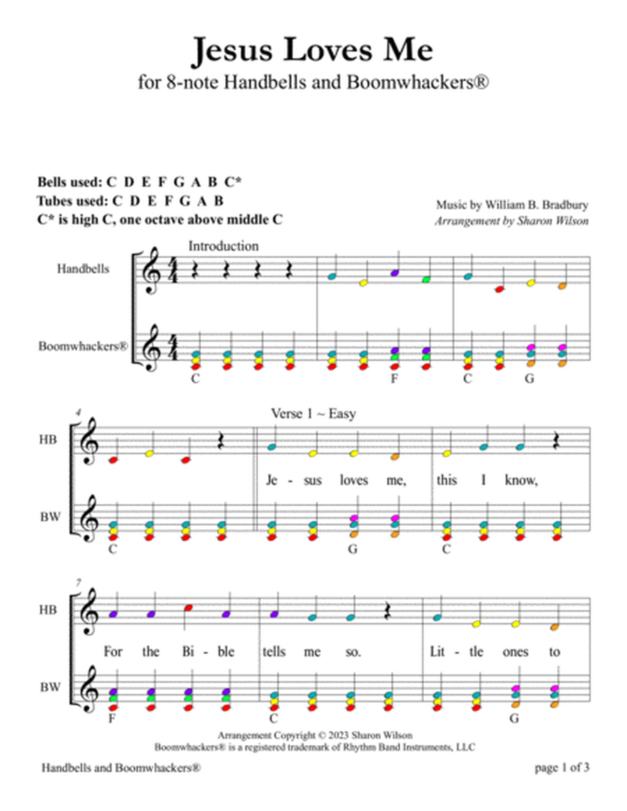 Jesus Loves Me for 8-note Bells and Boomwhackers® (with Color Coded Notes) image number null