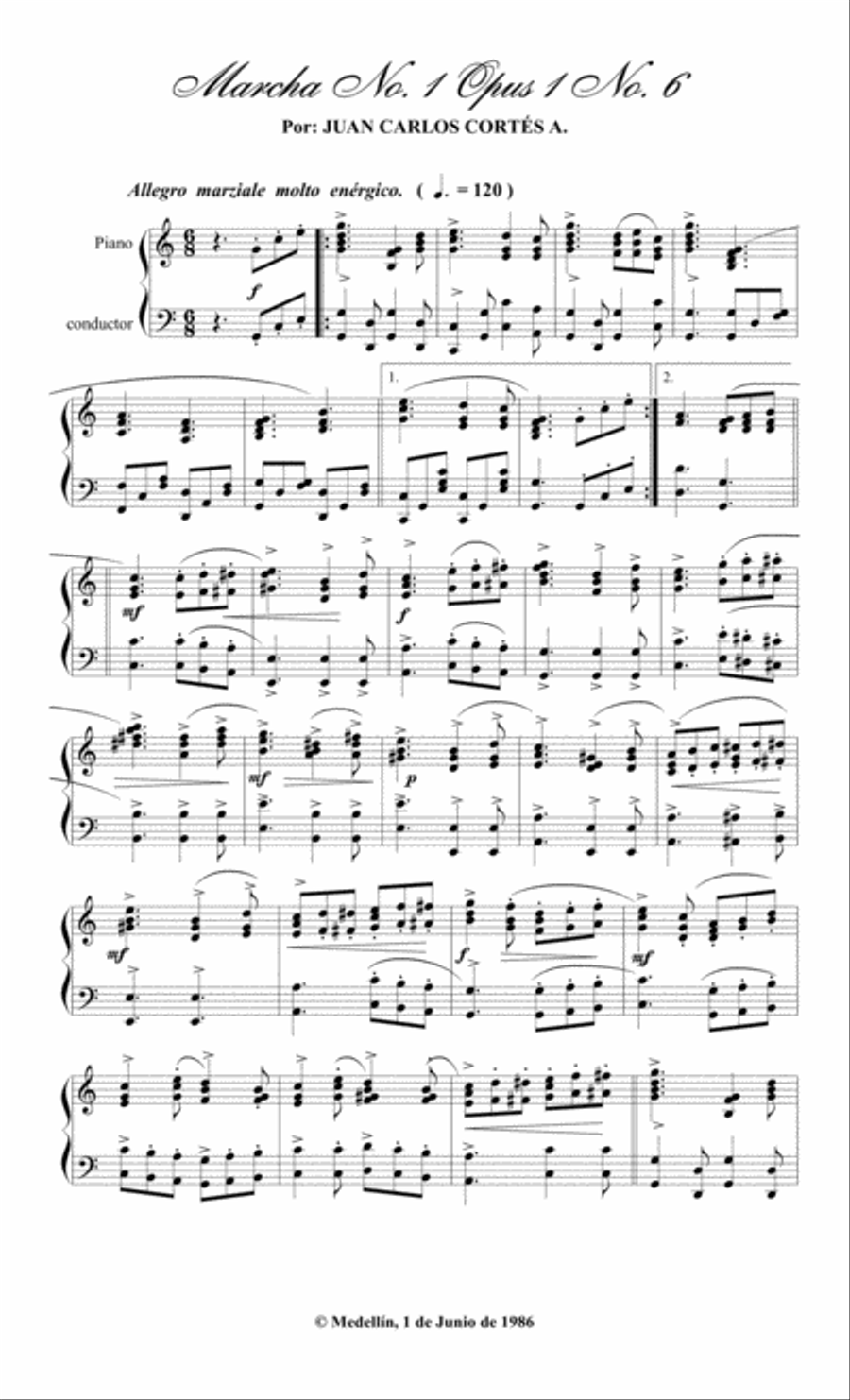 Marcha No 1 Opus 1 No 6 para Piano Solo por Juan Carlos Cortés Aguirre Piano Solo scores gallery preview page 1