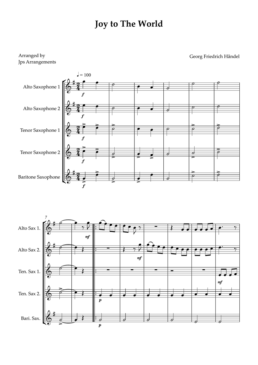 Joy To The World Sax quintet easy intermediate Saxophone Quintet scores gallery preview page 1