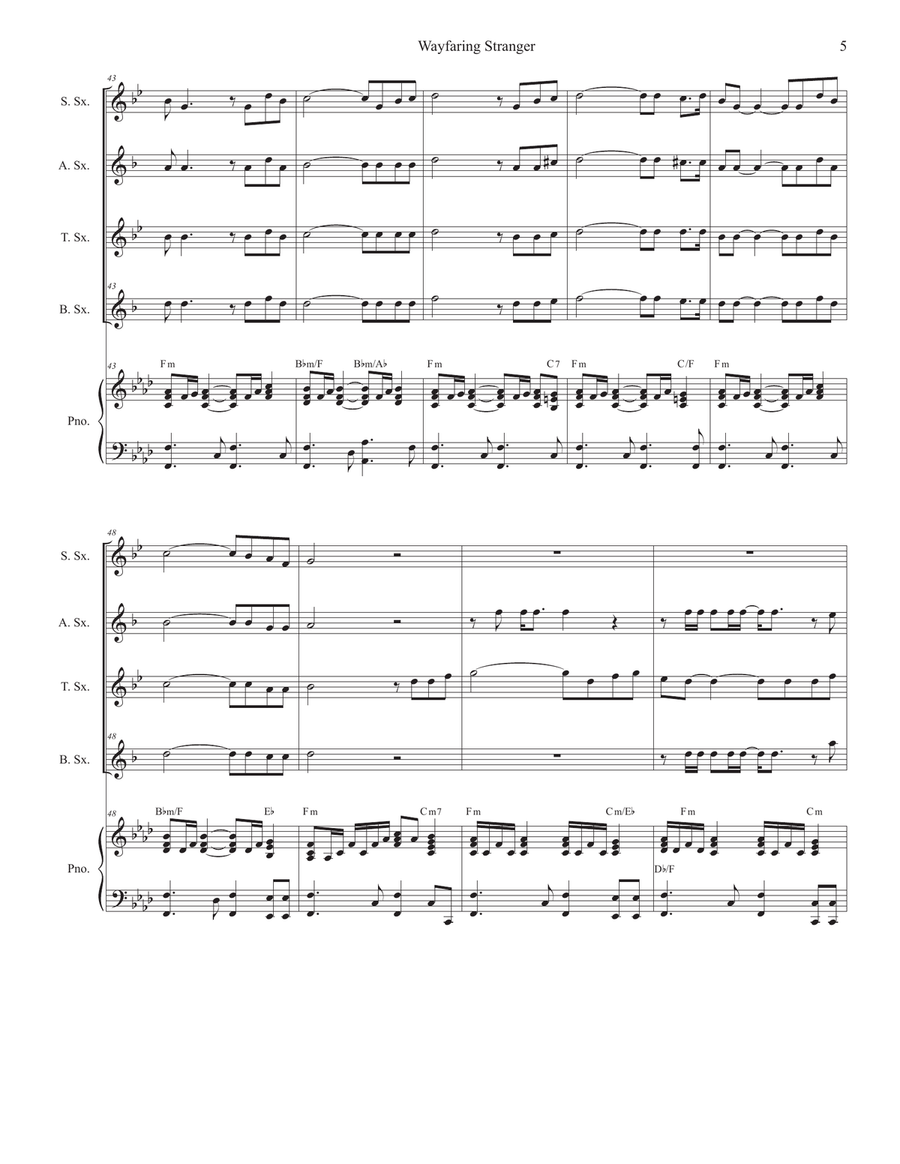 Wayfaring Stranger (Saxophone Quartet and Piano) Woodwind Ensemble scores gallery preview page 6