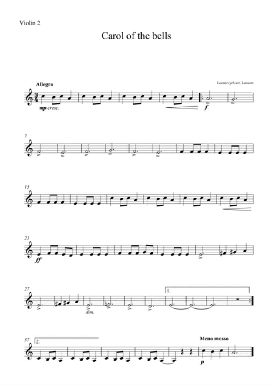 Carol of the bells for four violins Violin scores gallery preview page 2