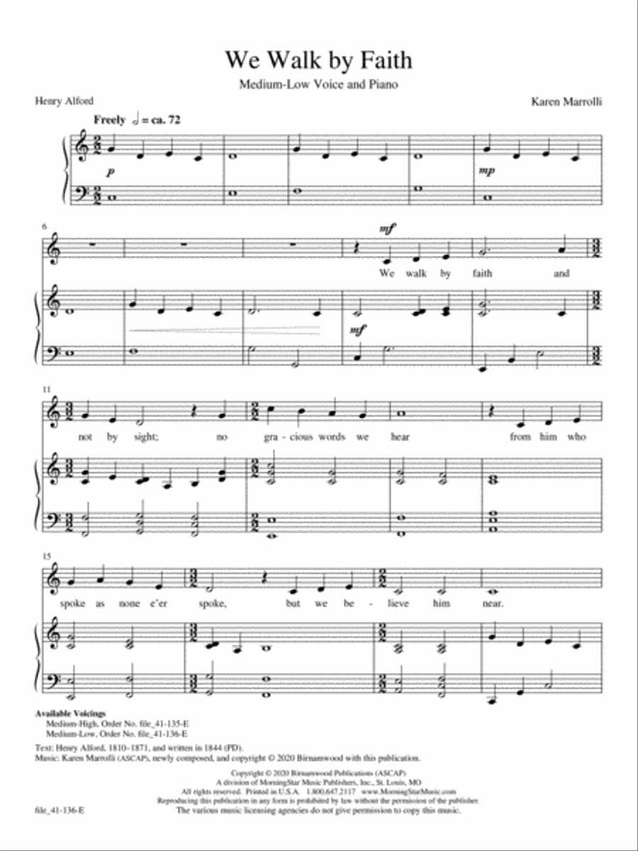 We Walk by Faith (Med-Low Voice) Medium Voice scores gallery preview page 1
