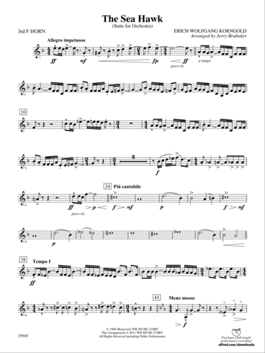 The Sea Hawk: 3rd F Horn Full Orchestra scores gallery preview page 1