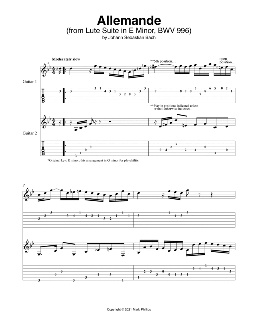 Allemande (from Lute Suite in E Minor, BWV 996) Lute scores gallery preview page 1