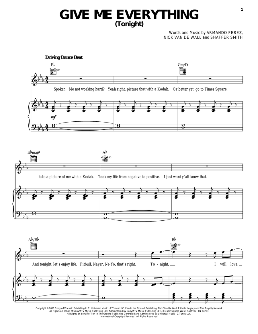 Give Me Everything (Tonight) Piano, Vocal, Guitar scores gallery preview page 1
