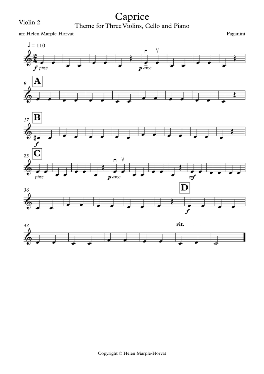PAGANINI CAPRICE - VARIATIONS FOR THREE VIOLINS, CELLO AND PIANO String Quartet scores gallery preview page 5