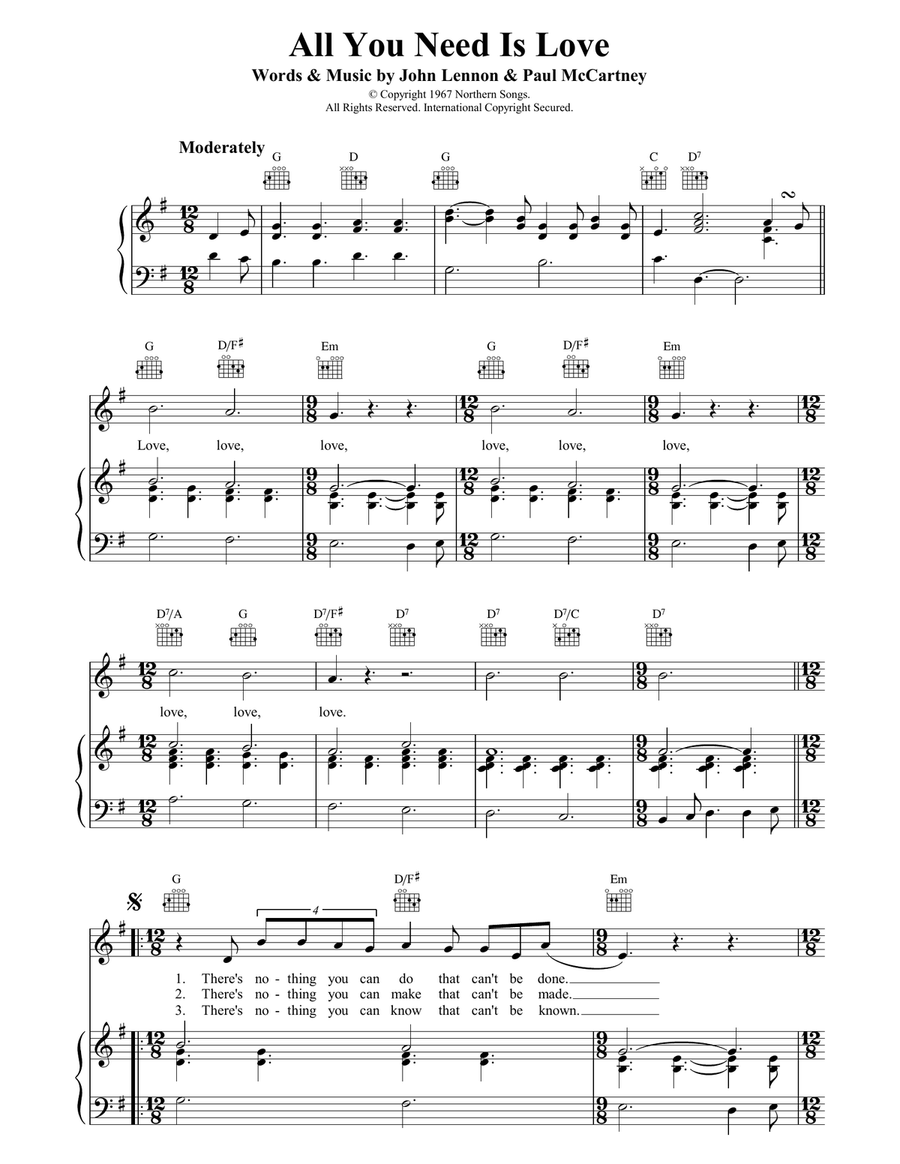 All You Need Is Love All You Need Is Love Piano, Vocal, Guitar scores gallery preview page 1