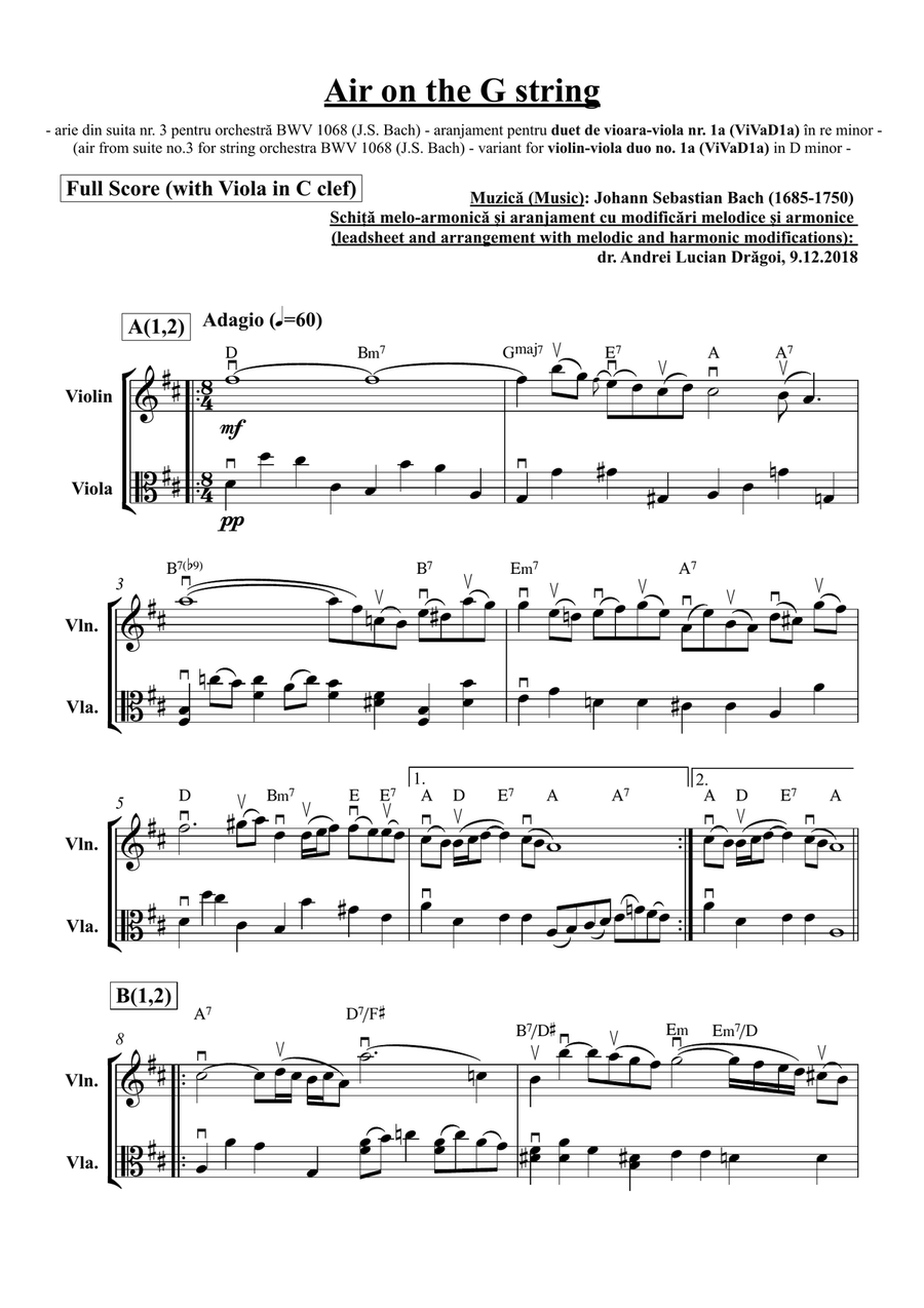 J. S. Bach - Air on the G string (air from suite no.3 for string orchestra BWV 1068 - variant for vi String Orchestra scores gallery preview page 1
