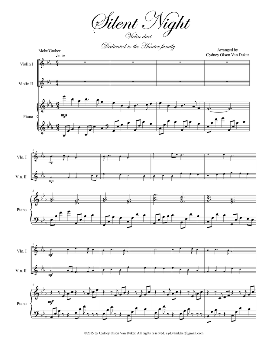 Silent Night Violin duet in E flat String Duet scores gallery preview page 1