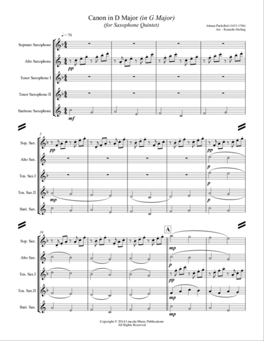 Pachelbel - Canon in D Major (for Saxophone Quintet SATTB) Saxophone Quintet scores gallery preview page 2
