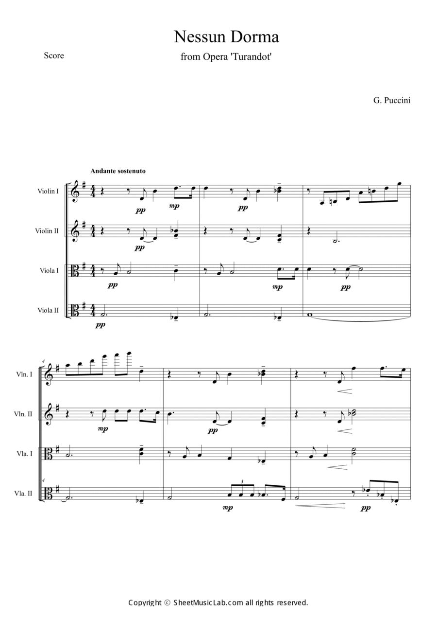 Nessun Dorma (Opera Turandot aria) String Quartet scores gallery preview page 1