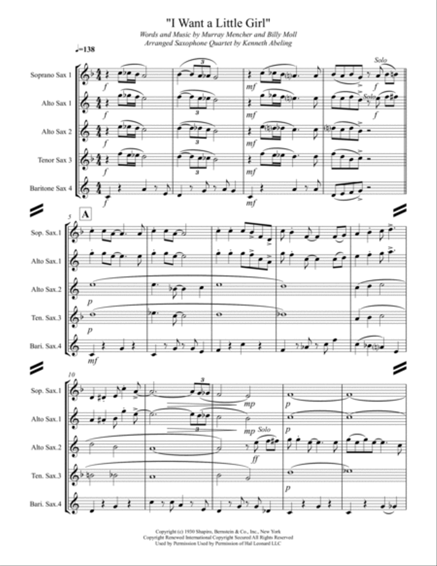 I Want A Little Girl Saxophone Quartet scores gallery preview page 2