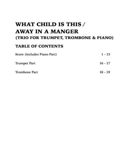 Christmas Medley (What Child is This / Away in a Manger): Trio for Trumpet, Trombone and Piano image number null