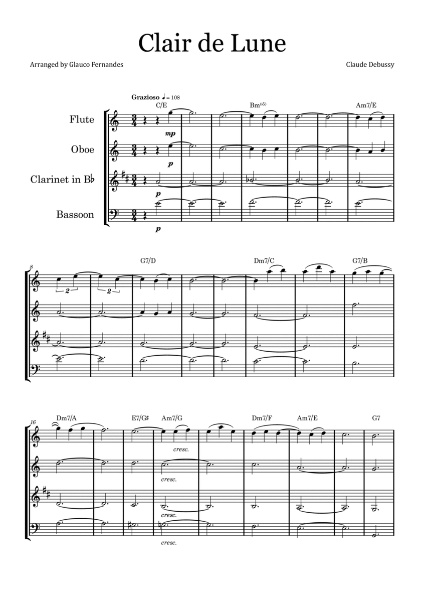 Clair de Lune by Debussy - Woodwind Quartet with Chord Notation image number null