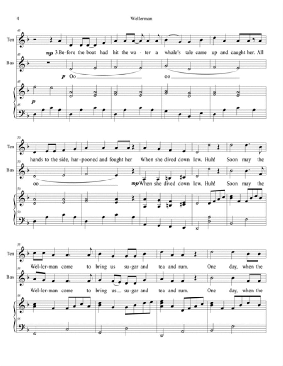 Wellerman - for TB choir and piano - with word changes to save whales in final verse TB scores gallery preview page 4