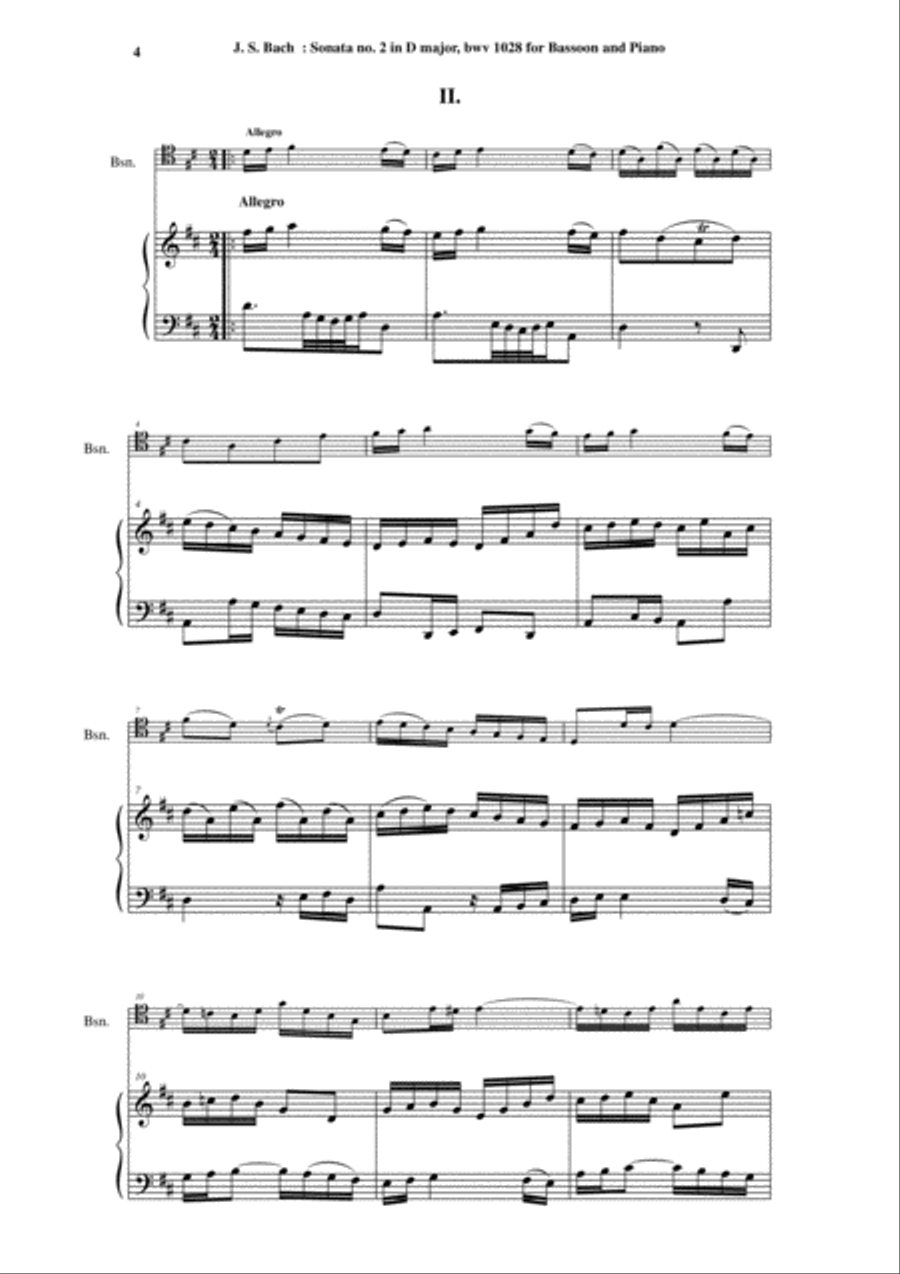 J. S. Bach: Viola da Gamba Sonata no. II in D major, BWV 1028, arranged for bassoon and piano Bassoon scores gallery preview page 4