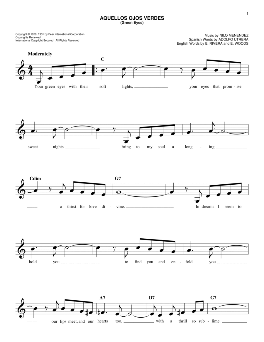 Aquellos Ojos Verdes (Green Eyes) Piano scores gallery preview page 1