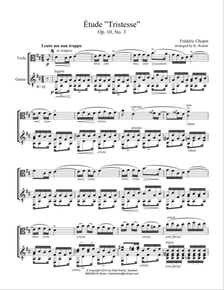 Book cover for Étude (Study) "Tristesse" Op 10 No. 3 (abridged) for viola and guitar