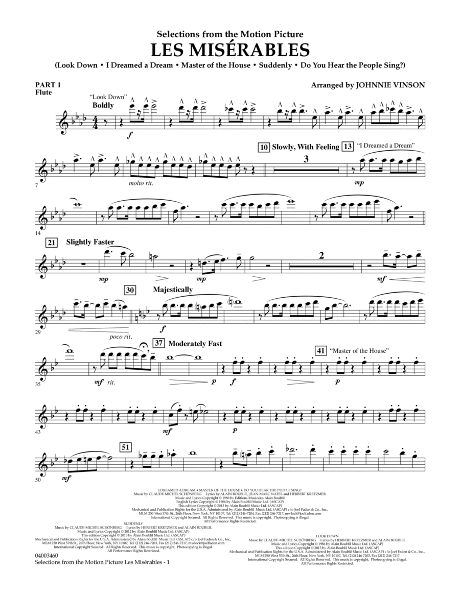 LES MISERABLES コンサートバンド用　吹奏楽 楽譜 Les Miserables (Selections from the Motion Picture) - Pt.1 - Flute
