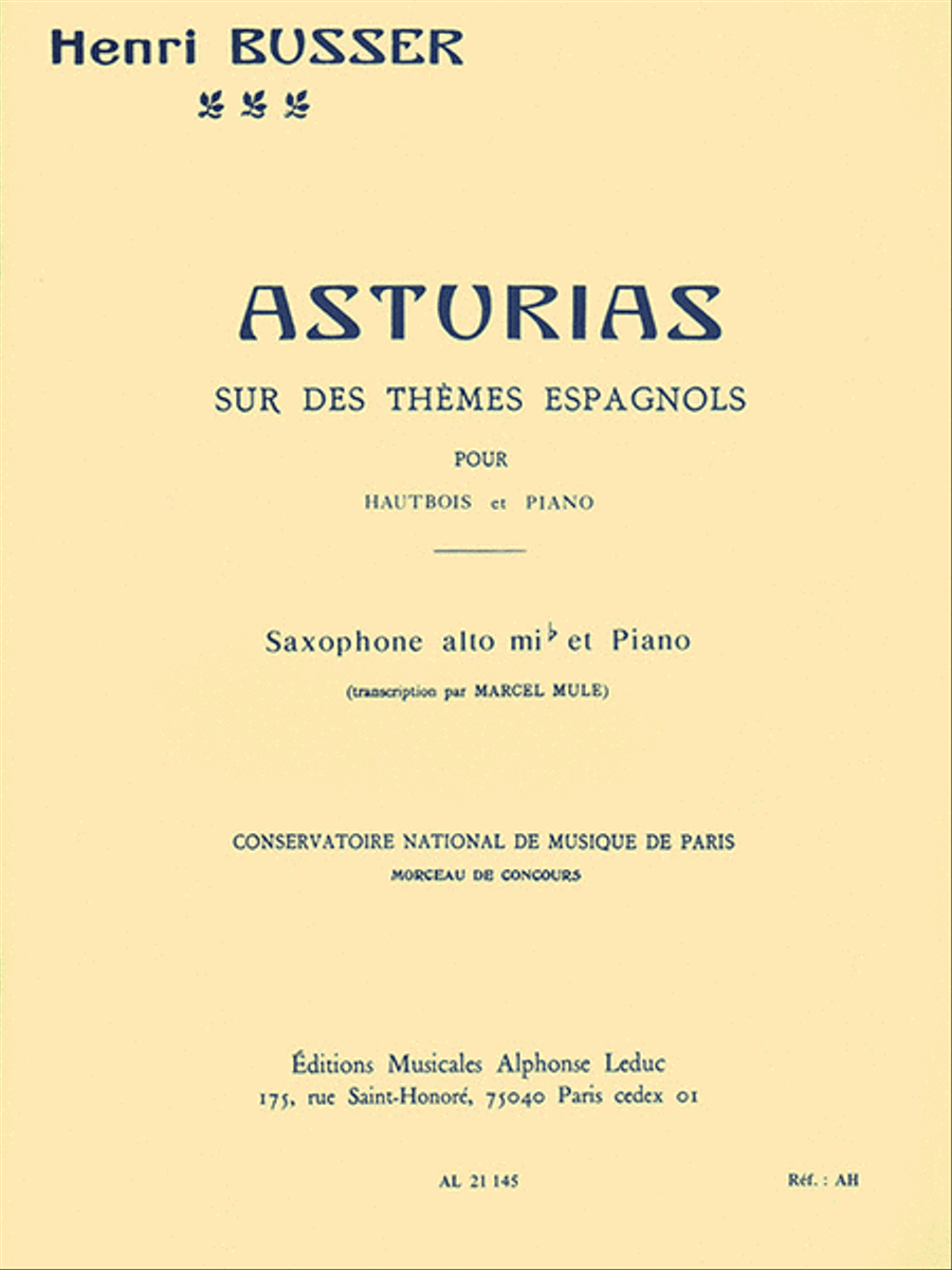 Asturias On Spanish Tunes, Op. 84 (alto Saxophone And Piano) Alto Saxophone scores gallery preview page 1