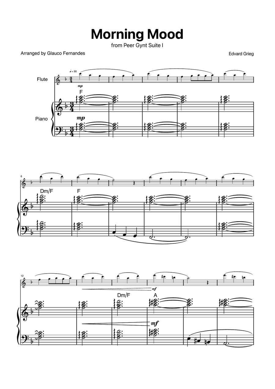 Morning Mood by Grieg for Flute with Piano and Chords Chamber Music scores gallery preview page 1