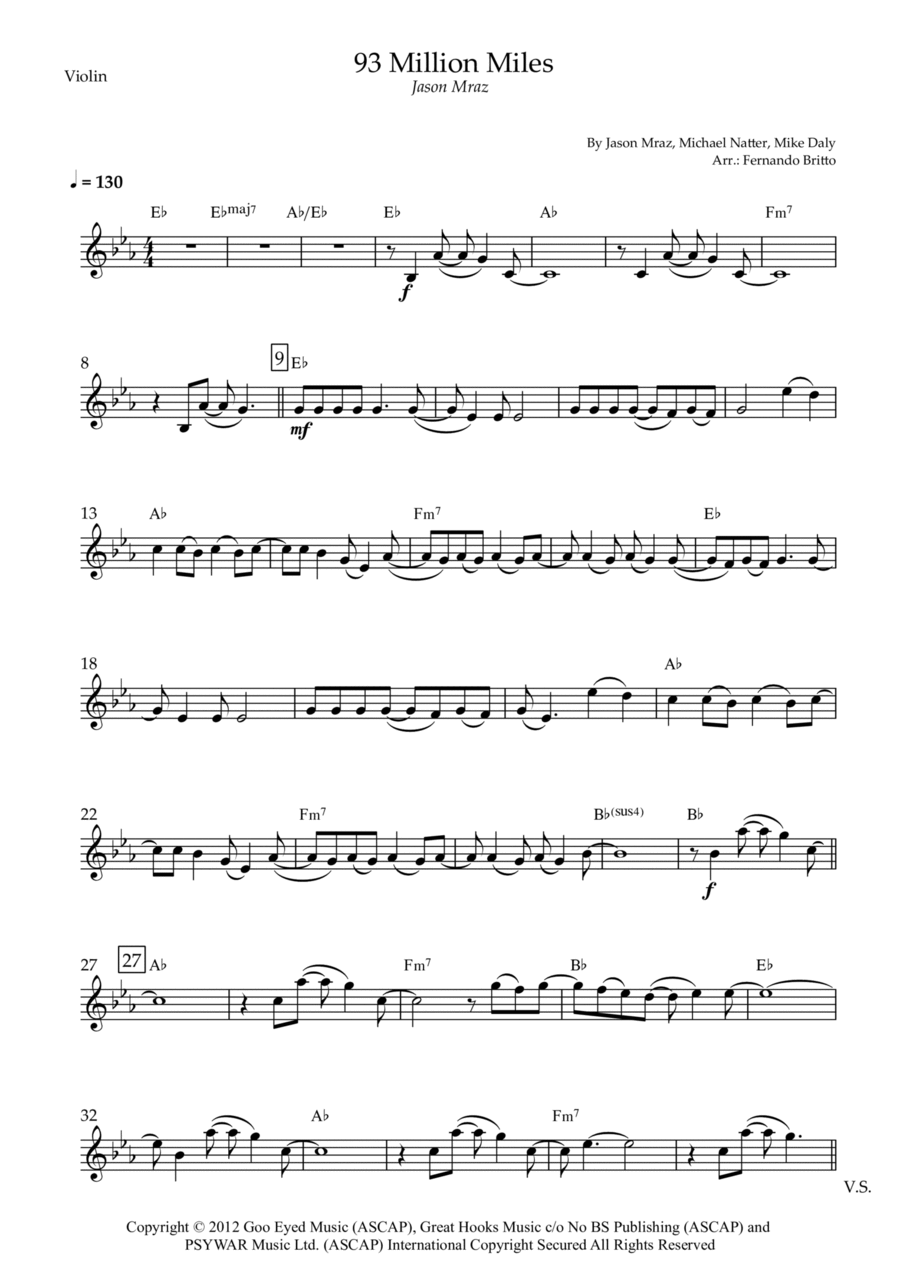 93 Million Miles 93 Million Miles Violin Solo scores gallery preview page 1