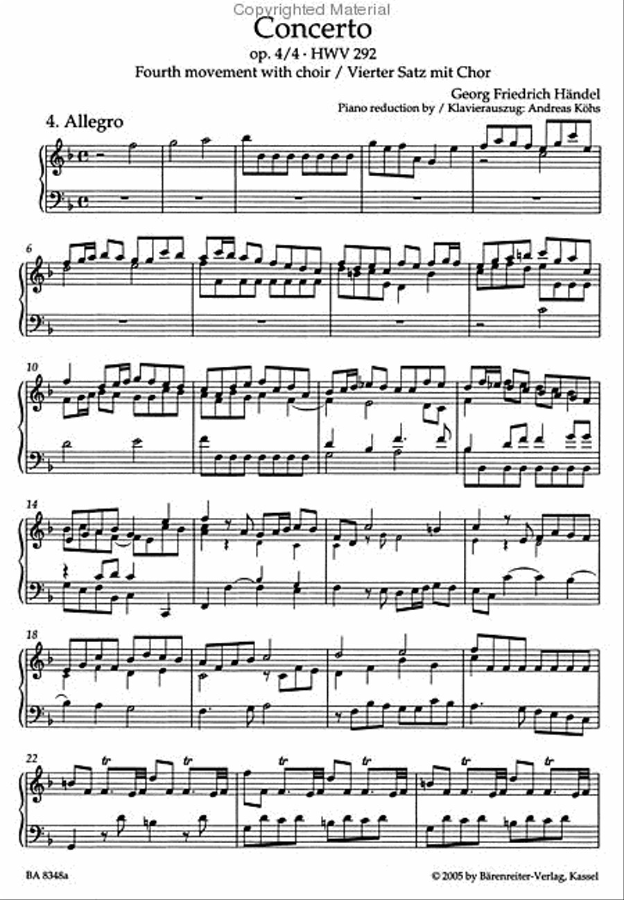 Concerto for Organ and Orchestra F major, Op. 4/4 HWV 292 4-Part scores gallery preview page 3