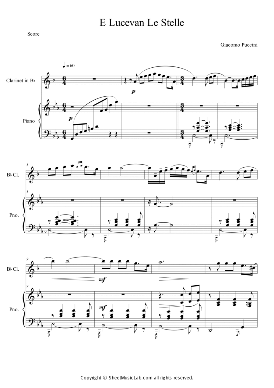 E Lucevan Le Stelle form the Opera Tosca Clarinet Solo scores gallery preview page 1
