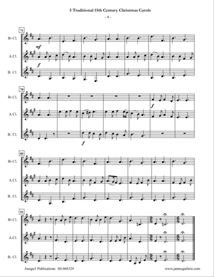 5 Traditional 15th Century Christmas Carols for Clarinet Trio Clarinet Trio scores gallery preview page 4