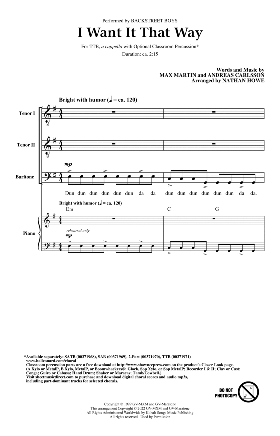 I Want It That Way (arr. Nathan Howe) TTBB scores gallery preview page 1