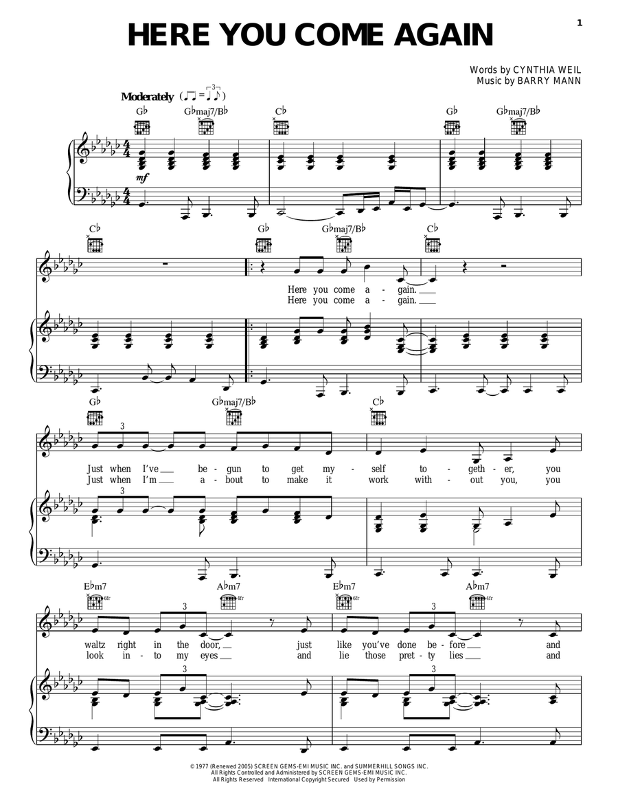 Here You Come Again Piano, Vocal, Guitar scores gallery preview page 1