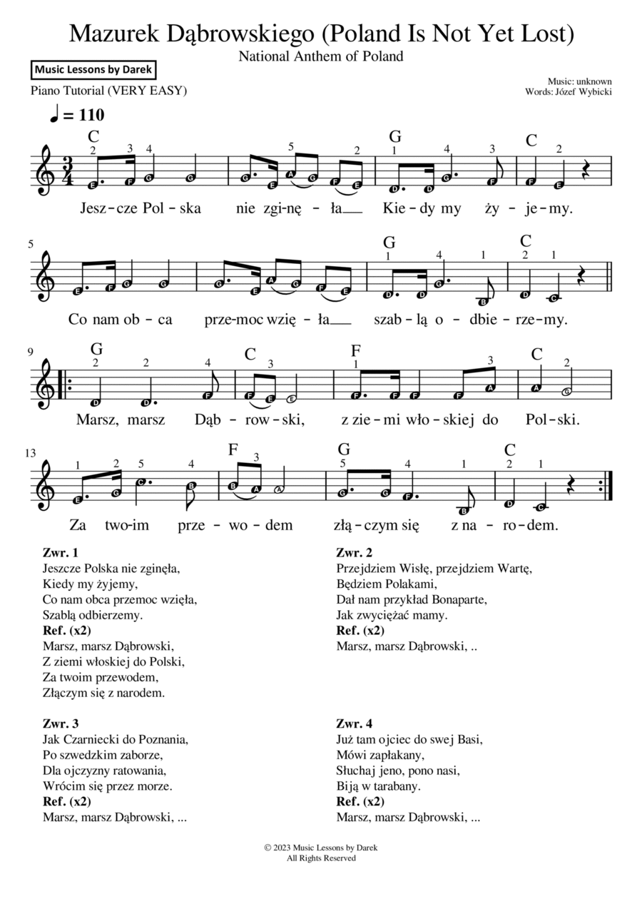 Mazurek Dabrowskiego (National Anthem of Poland) [VERY EASY PIANO] Easy Piano scores gallery preview page 1