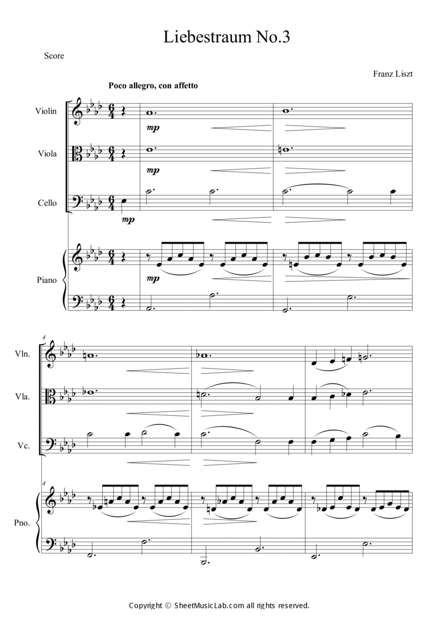 Liebestraum, S.541 No.3 Piano Quartet scores gallery preview page 1