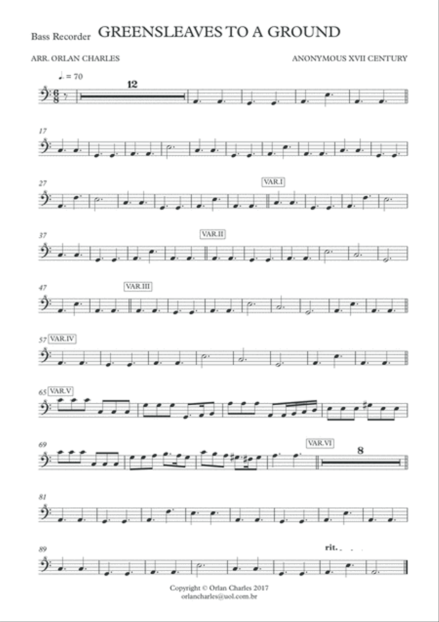 Anonymous - Greensleaves to a Ground - for recorder quartet and piano (harpsichord) Woodwind Quartet scores gallery preview page 6