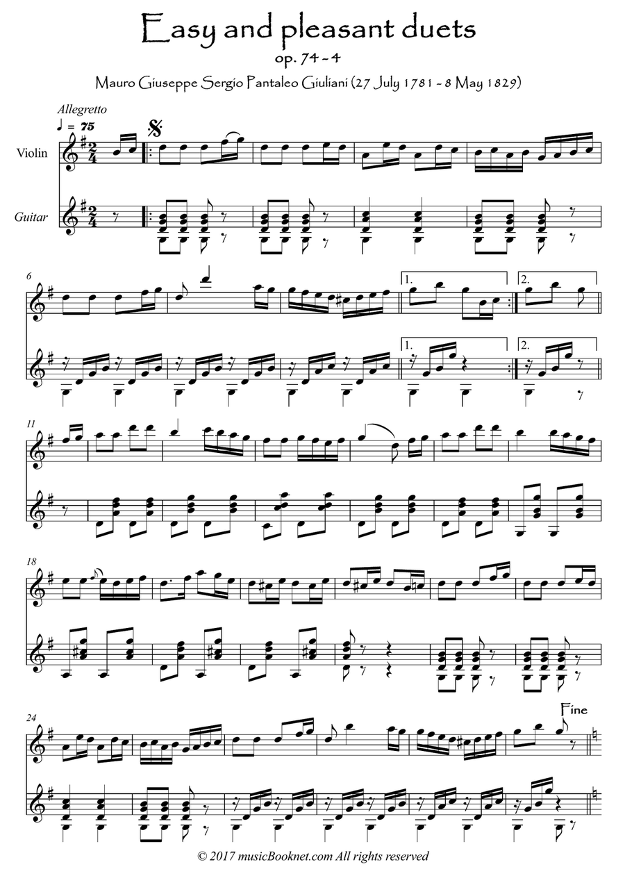 Easy Violin Guitar duets by Giuliani 74-4 String Duet scores gallery preview page 1