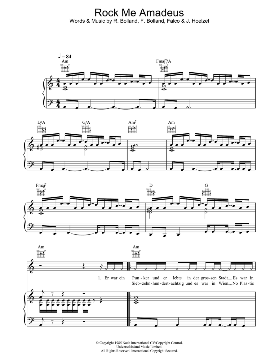 Rock Me Amadeus Piano, Vocal, Guitar scores gallery preview page 1