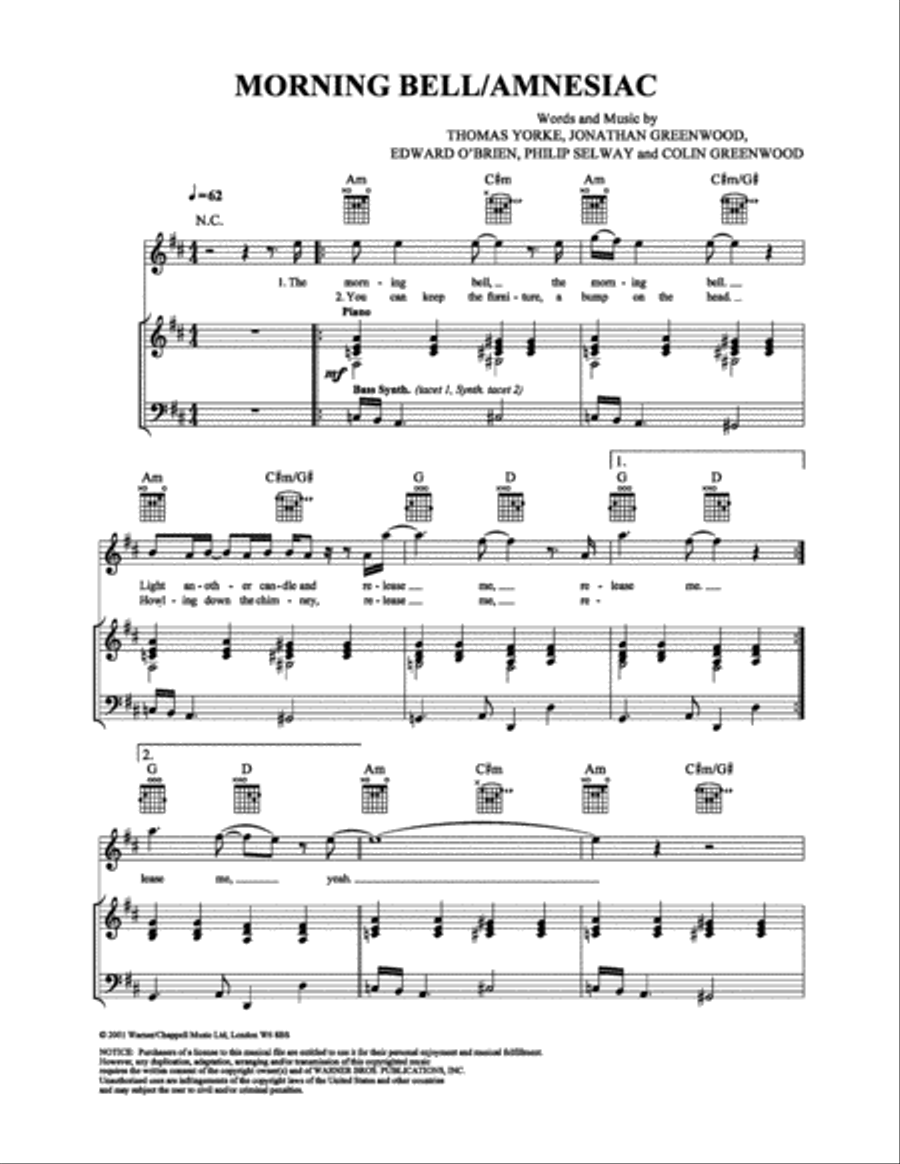 Morning Bell/Amnesiac Piano, Vocal, Guitar scores gallery preview page 1