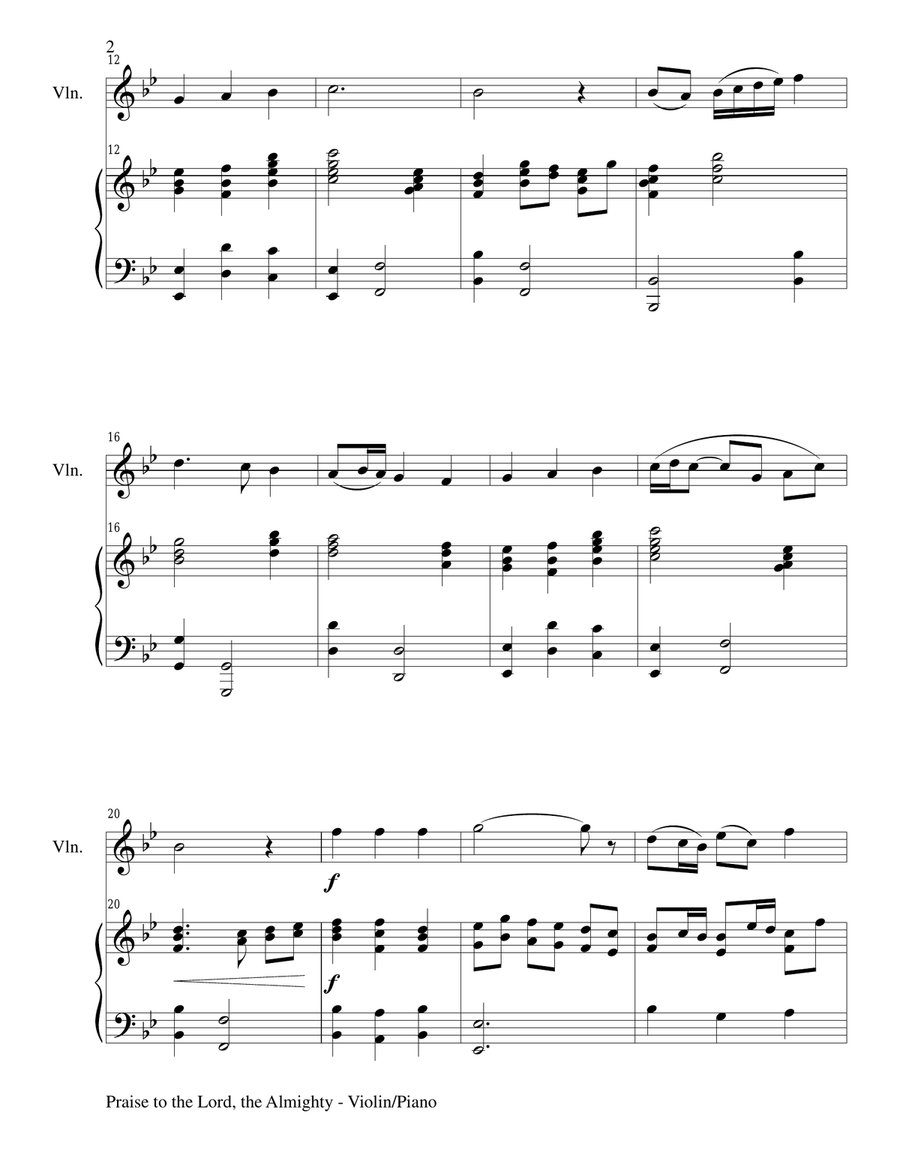 PRAISE TO THE LORD, THE ALMIGHTY (Duet – Violin and Piano/Score and Parts) Violin scores gallery preview page 2