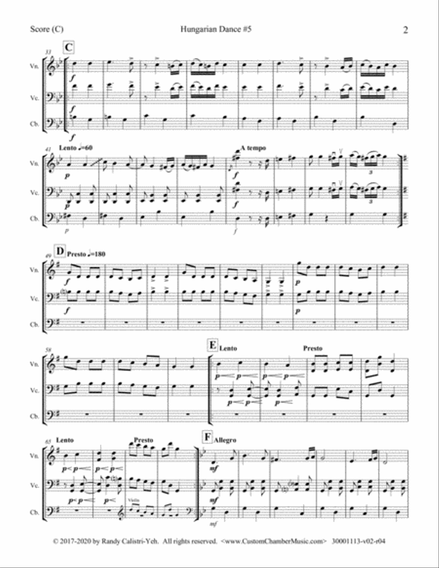 Brahms Hungarian Dance #5 (string duo/trio) String Trio scores gallery preview page 3
