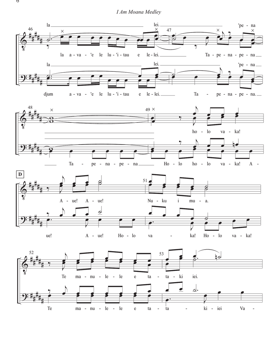Medley: Tulou Tagaloa with How Far I'll Go, We Know The Way, I Am Moana (Song Of The Ancestors), ... 4-Part scores gallery preview page 6