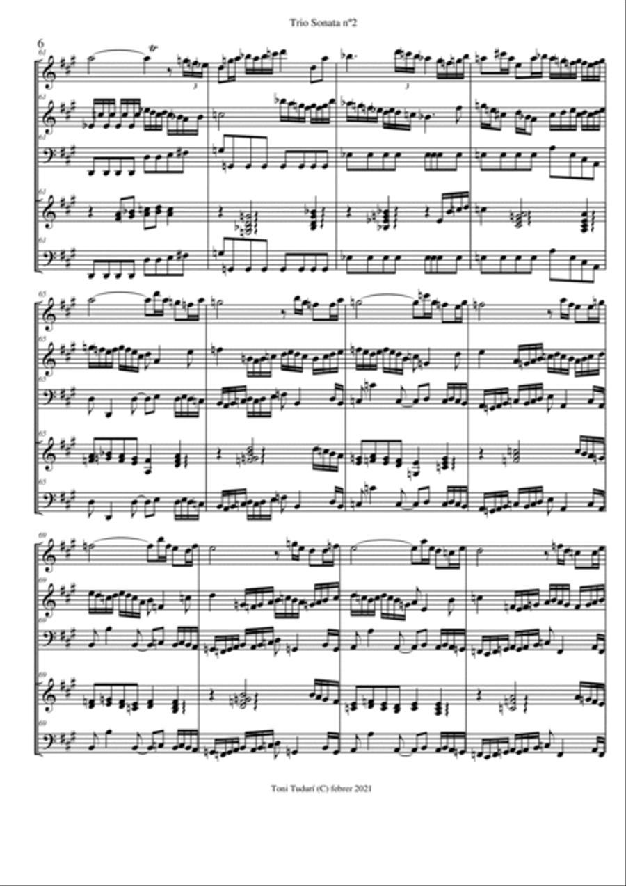 Trio sonata nº2 in A Major for flute, violin & cello, 2 violins & cello and basso continuo (SCORE D Small Ensemble scores gallery preview page 6