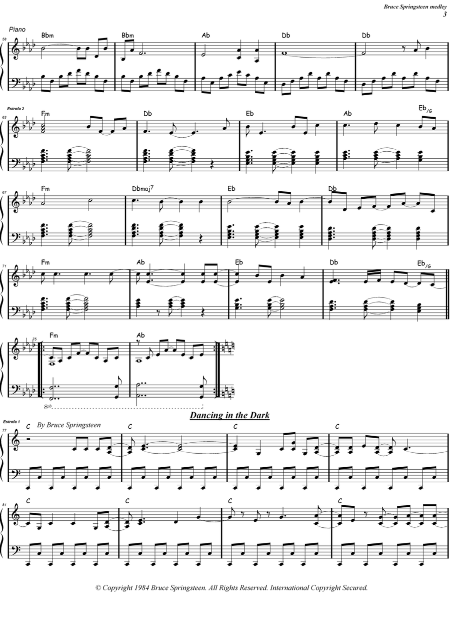 Medley: Thunder Road with The River, Dancing In The Dark, and Racing In The Street Piano Solo scores gallery preview page 3