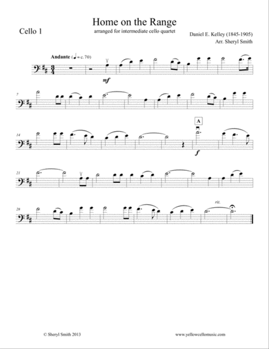 Home on the Range for Intermediate Cello Quartet (four cellos) Cello scores gallery preview page 3