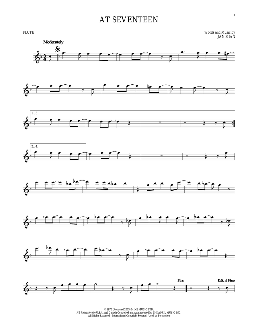 At Seventeen Flute Solo scores gallery preview page 1