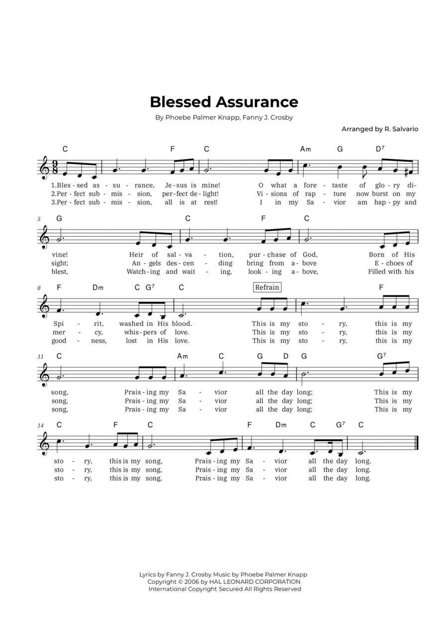 Blessed Assurance (Key of C Major) Easy Piano scores gallery preview page 1