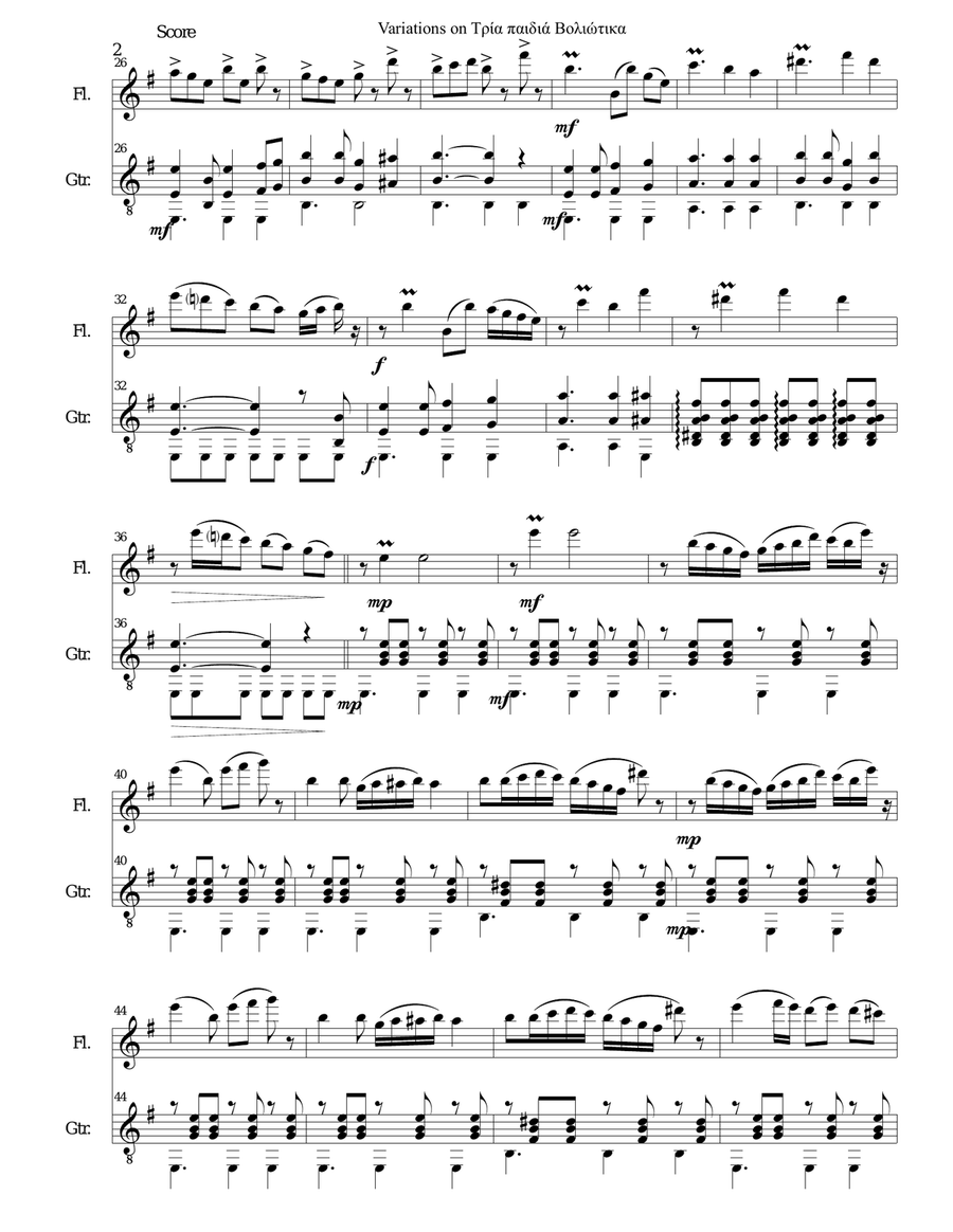 Variations on Tria paidia voliotika (Three young men from Volos) for flute and guitar Flute scores gallery preview page 2