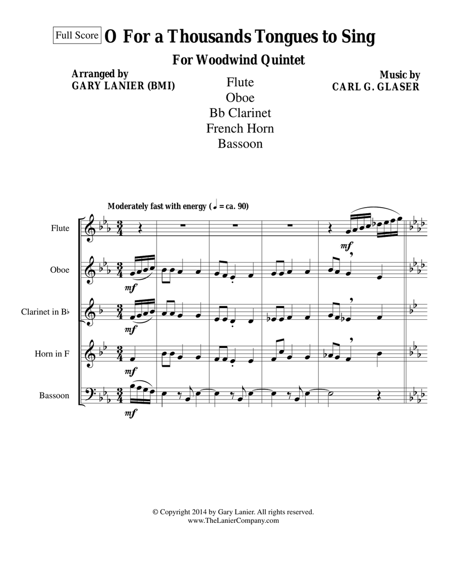 O FOR A THOUSAND TONGUES TO SING (Woodwind Quintet - Flute..Oboe..Bb Clarinet..Horn and Bassoon) Woodwind Quintet scores gallery preview page 1