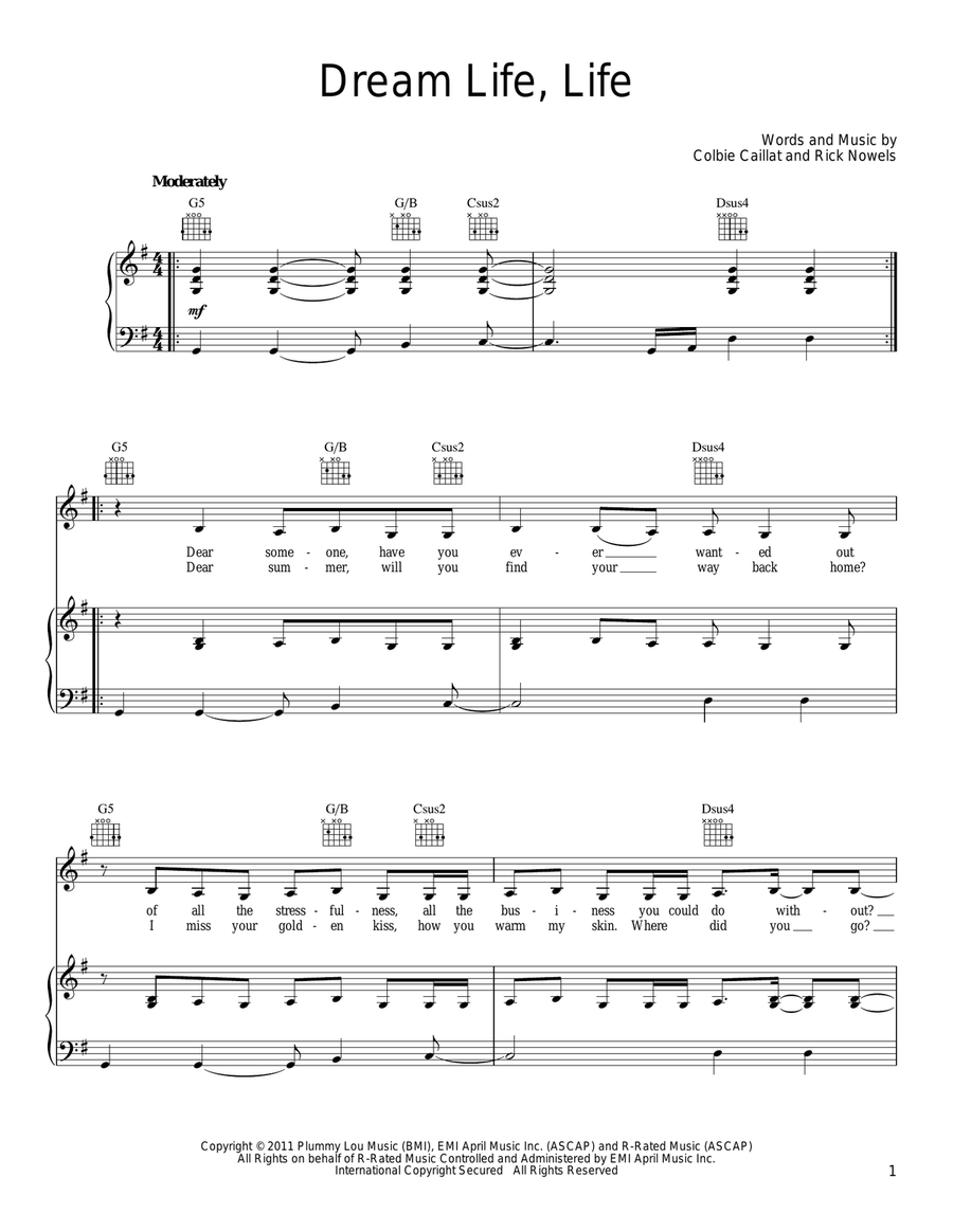 Dream Life Life Dream Life Life Piano, Vocal, Guitar scores gallery preview page 1