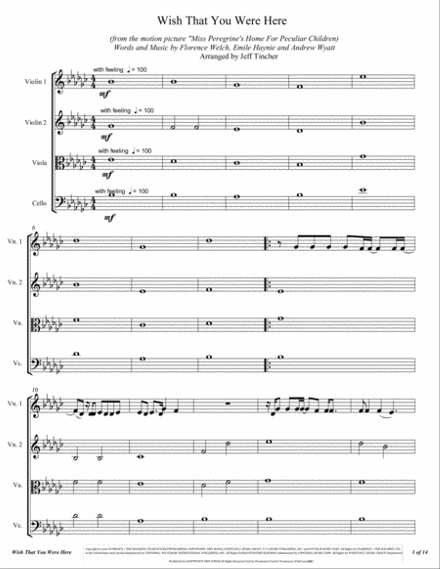 Wish That You Were Here from MISS PEREGRINE'S HOME FOR PECULIAR CHILDREN String Quartet scores gallery preview page 2