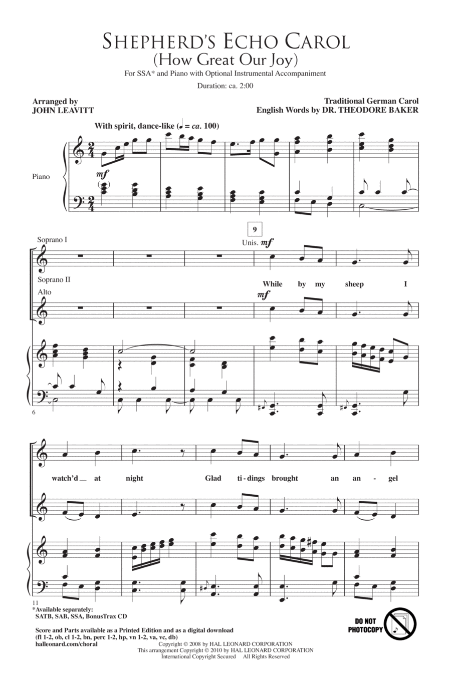 Shepherd's Echo Carol (How Great Our Joy) (arr. John Leavitt) SSA scores gallery preview page 1